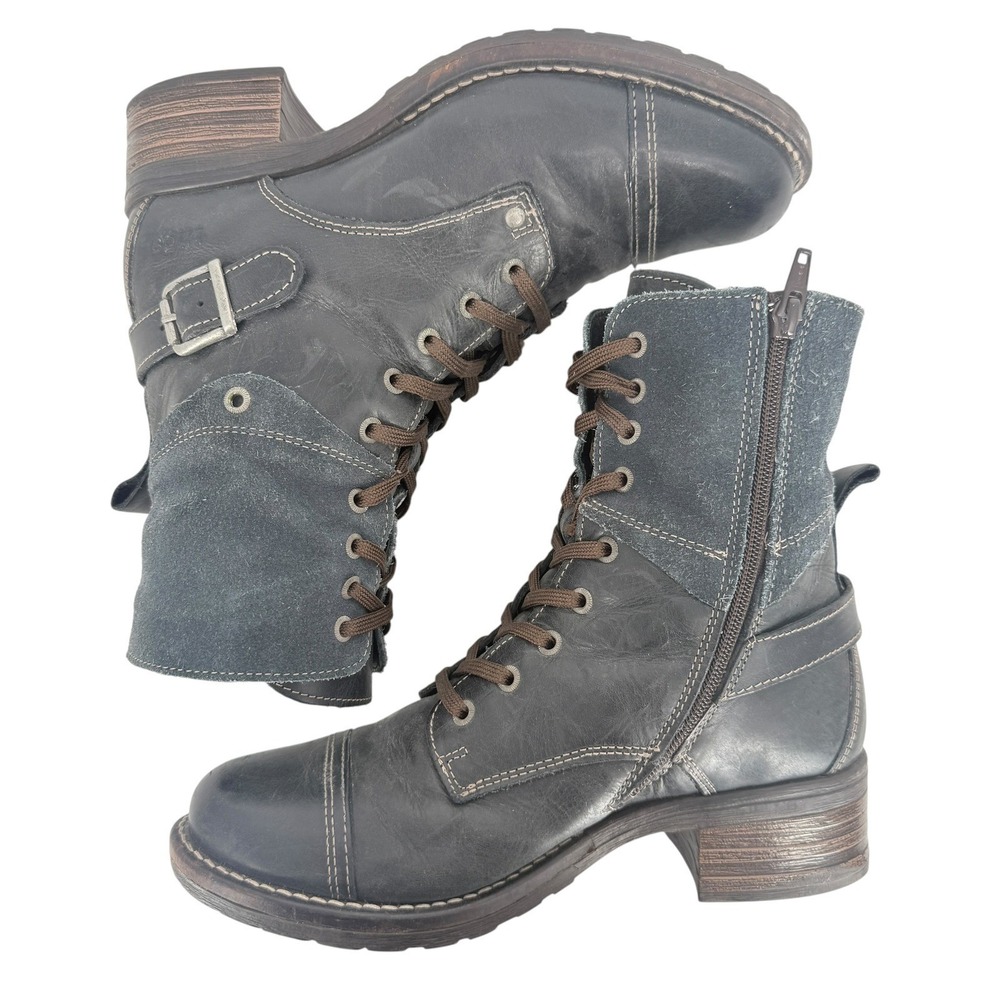 Taos Crave Black Leather Suede Combat Boots EU 38 7-7.5 Side Zip Lace Up Cap Toe - Picture 7 of 10